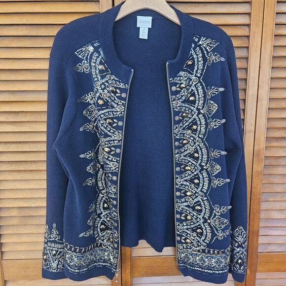 Chico’s Demitria Cardigan Women L Navy Gold Embroidered Byzantine Beaded Zip‎ Up - Picture 11 of 11